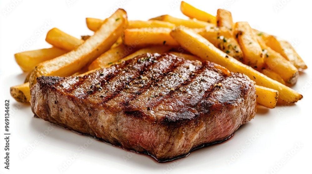 A classic steak and fries meal, featuring a juicy steak with crispy golden fries, all presented against a clean white background. A classic steak and fries meal, featuring a juicy steak with crispy golden fries, all presented against a clean white background.