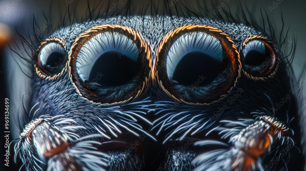 Close-up of a spider's face showcasing its large, reflective eyes and fine details. Close-up of a spider's face showcasing its large, reflective eyes and fine details.