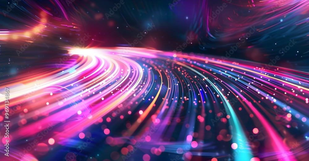 Obraz premium Abstract background with colorful light streaks and stars forming the shape of an elegant, curved road, symbolizing fast internet speed or travel through spac