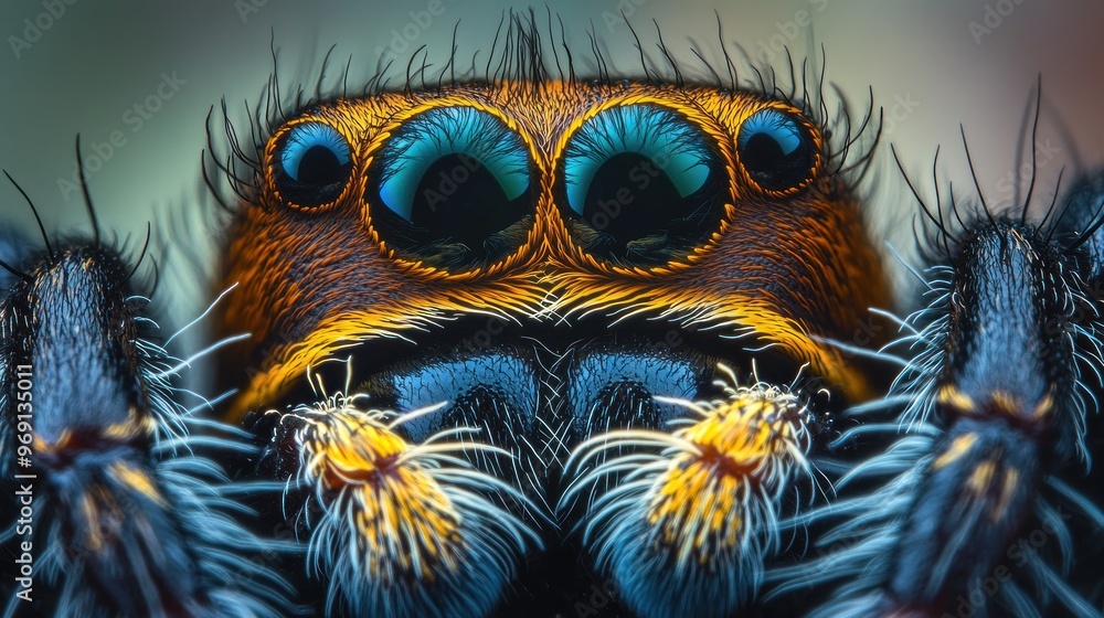 Close-up of a spider showcasing intricate details and vibrant colors. Close-up of a spider showcasing intricate details and vibrant colors.