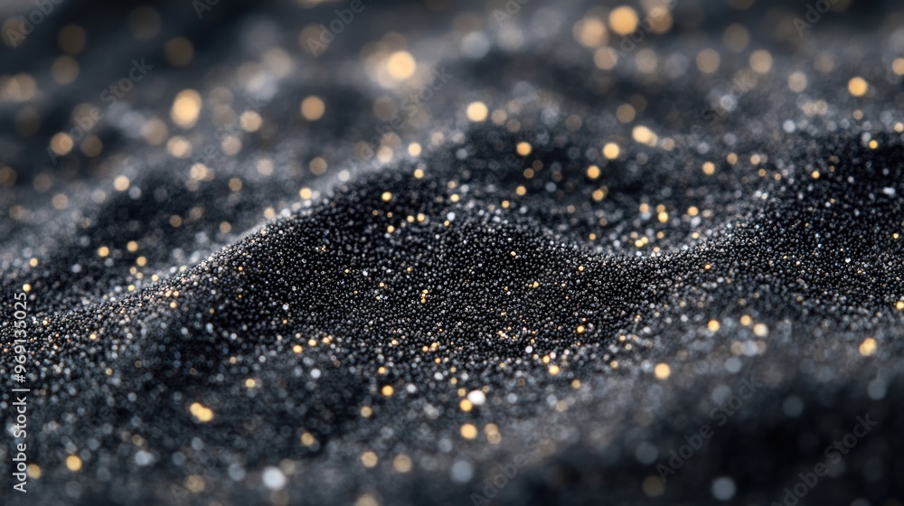 Close-up of shimmering black sand with golden specks, creating a mesmerizing texture. Close-up of shimmering black sand with golden specks, creating a mesmerizing texture.
