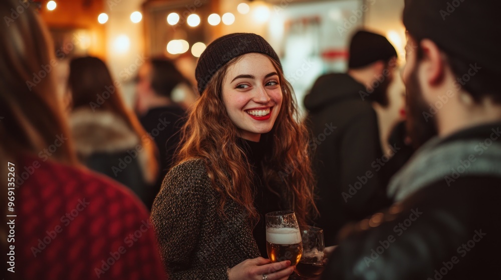A woman smiles while holding a beer in a lively social gathering. A woman smiles while holding a beer in a lively social gathering.