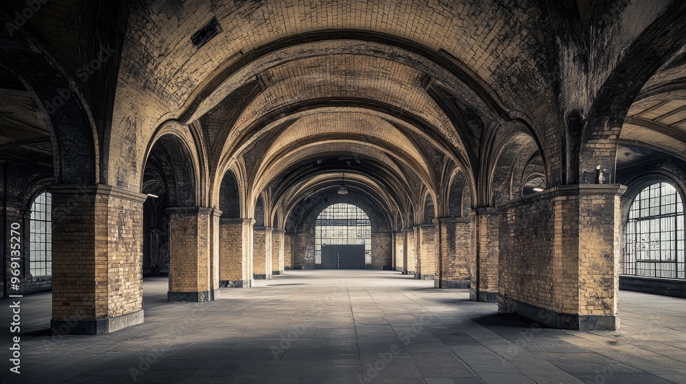 Obraz premium A spacious, industrial-style interior with arched ceilings and large windows.