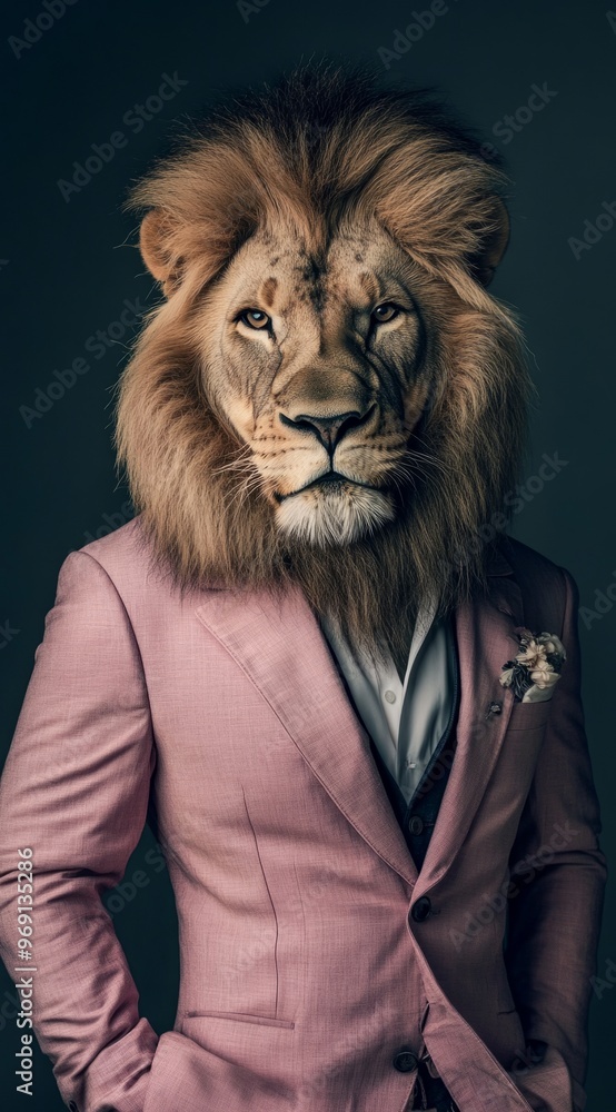 A striking full-body portrait of a lion confidently wearing a pink suit against a dark background, symbolizing a blend of elegance, authority, and style. A striking full-body portrait of a lion confidently wearing a pink suit against a dark background, symbolizing a blend of elegance, authority, and style.