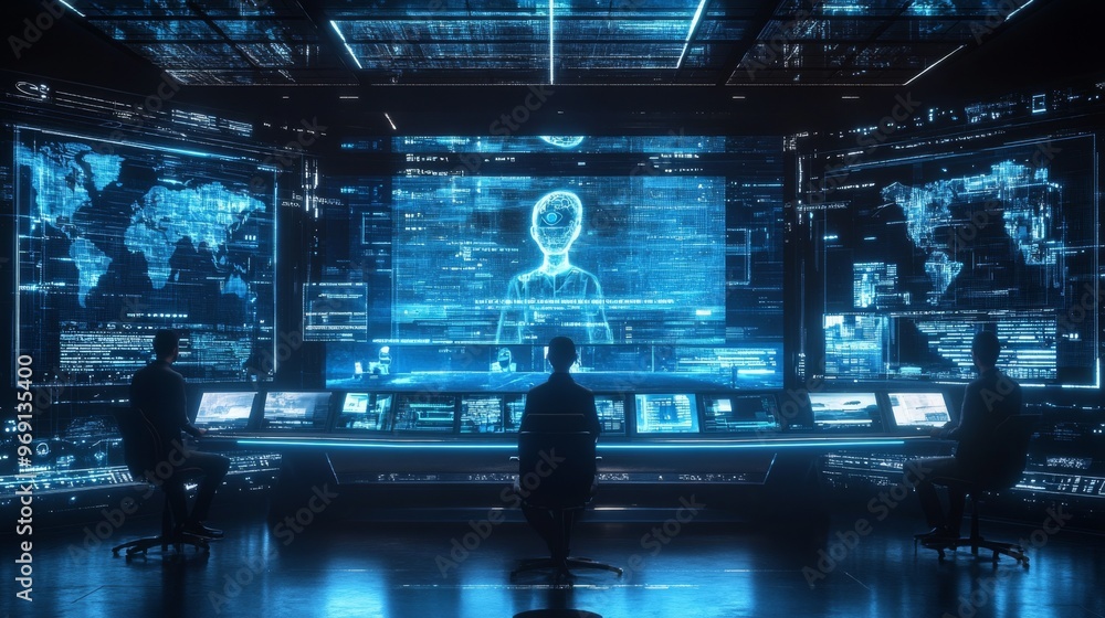 Futuristic holographic news broadcast with AI presenters: Virtual news anchors delivering headlines from a futuristic studio. Futuristic holographic news broadcast with AI presenters: Virtual news anchors delivering headlines from a futuristic studio.