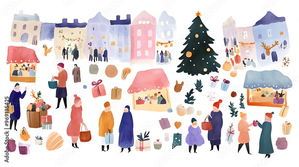 Winter holiday Market. Cartoon Christmas holiday fair illustration isolated on white background. Winter holiday Market. Cartoon Christmas holiday fair illustration isolated on white background.
