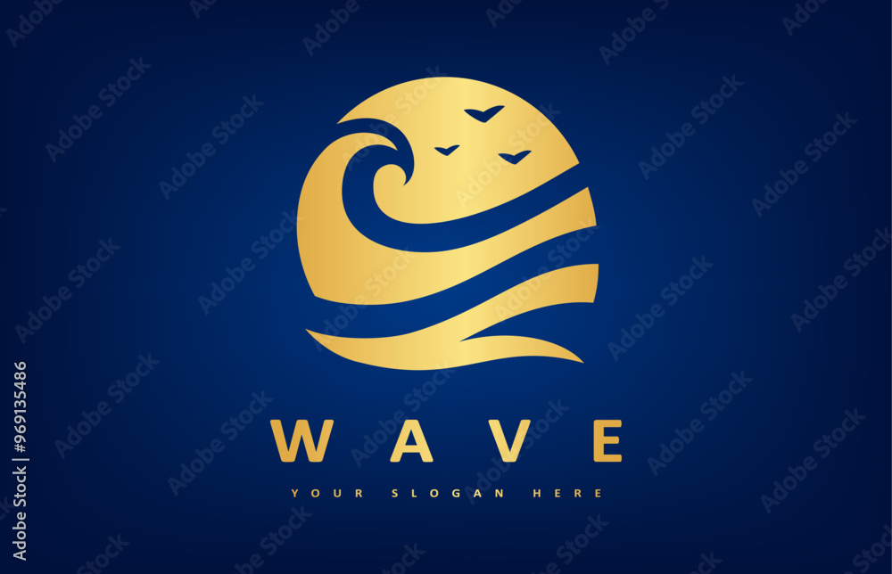 Naklejka premium Wave and sun logo vector. Water design