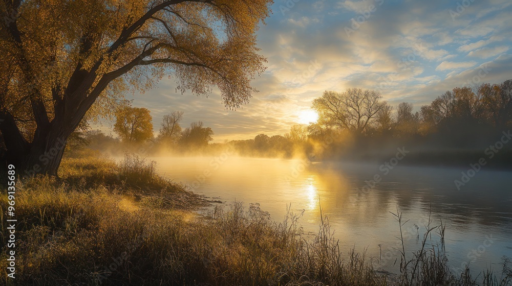 Serene riverside scene at sunrise with mist and vibrant autumn colors. Serene riverside scene at sunrise with mist and vibrant autumn colors.