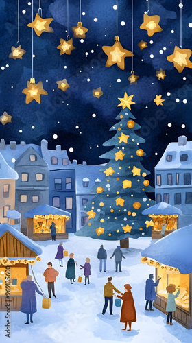 Wallpaper Mural Christmas night fair market holiday illustration Torontodigital.ca