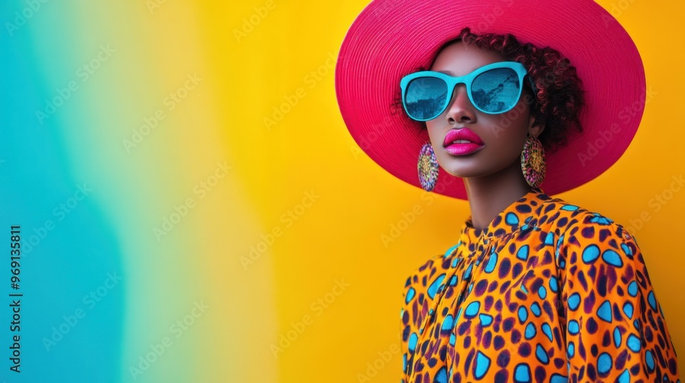 A stylish woman poses against a vibrant background, showcasing colorful fashion and accessories. A stylish woman poses against a vibrant background, showcasing colorful fashion and accessories.