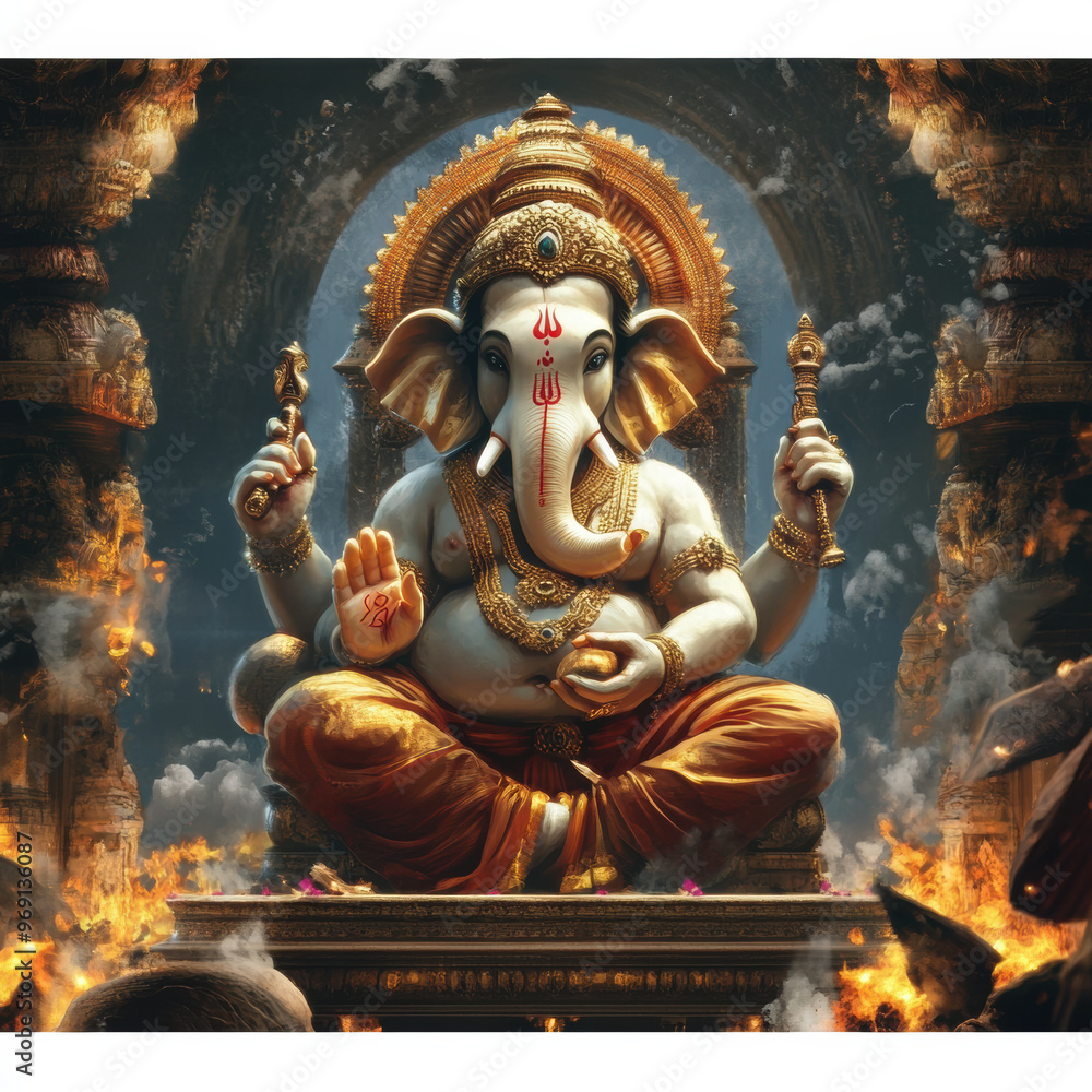 A majestic depiction of Ganesha, elephant headed deity, surrounded by intricate architecture and flames, symbolizing wisdom and prosperity A majestic depiction of Ganesha, elephant headed deity, surrounded by intricate architecture and flames, symbolizing wisdom and prosperity
