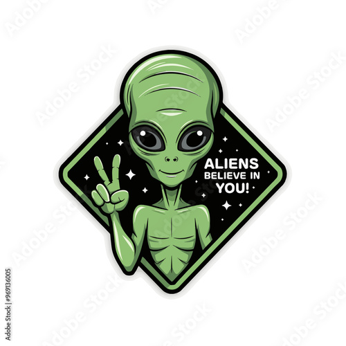 A stylized green alien character with large, round, and dark eyes, a slender body, and making a peace sign with its hand