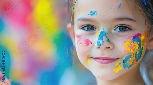 A close-up of a child face with paint smudges on their cheeks, happily concentrating on painting a canvas, with vibrant colors in the background.
