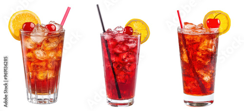 Set of Shirley Temple cocktail, isolated on white background, classic non-alcoholic drink