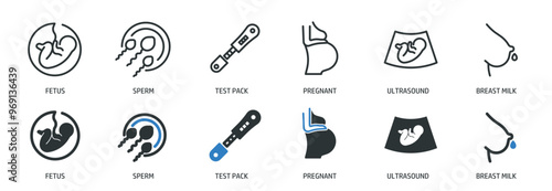 Pregnancy line and glyph solid icons collection. Minimal icon and symbol series vector illustration