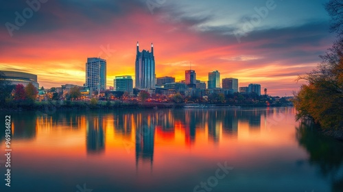 A vibrant sunset over a city skyline reflected in water.