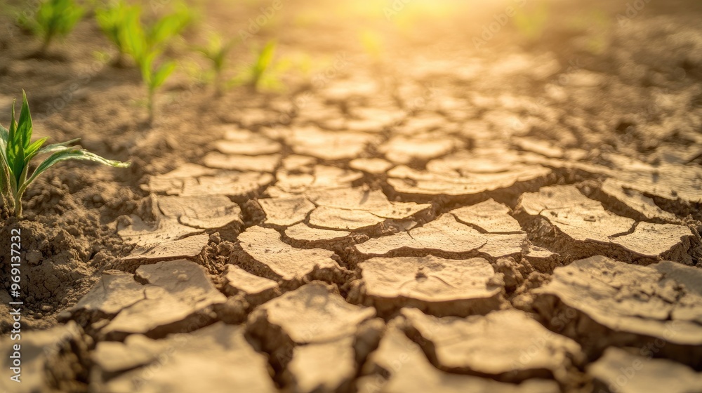 Fototapeta premium A close-up of a dry, cracked earth with parched soil and wilting plants, highlighting the impact of rising temperatures on agriculture and the environment.