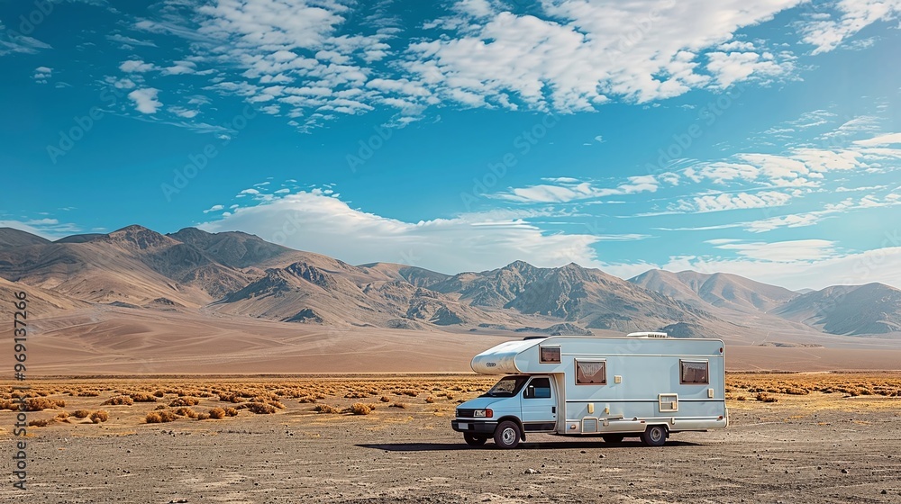 peaceful setting of a white RV camper parked in the desert with a vibrant blue sky and white clouds, offering a perfect backdrop for travel and adventure themes peaceful setting of a white RV camper parked in the desert with a vibrant blue sky and white clouds, offering a perfect backdrop for travel and adventure themes
