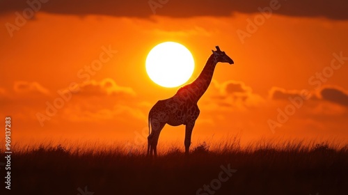 A silhouette of a giraffe against a vibrant sunset backdrop in a grassy landscape.