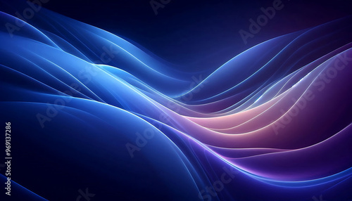 A smooth flowing abstract background featuring gradients of deep blues and purples with soft curves and light reflections creating a serene and ethereal ambiance