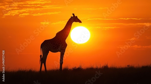 A silhouette of a giraffe against a vibrant sunset.