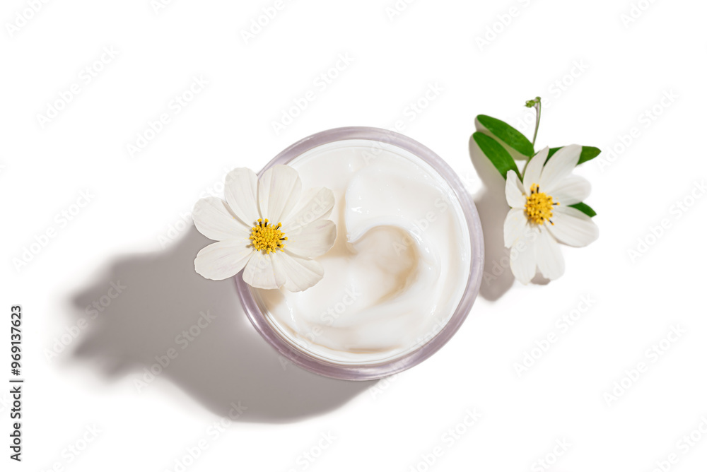 Cosmetic cream jar with white flower Cosmetic cream jar with white flower