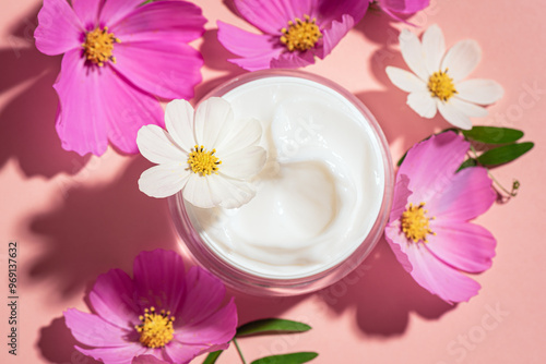 Natural cosmetic cream with delicate flowers