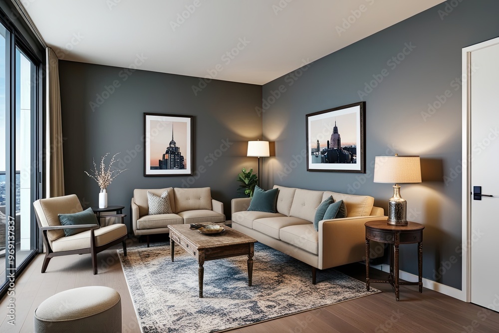 Fototapeta premium 3D Visualization of a Stylish Scandinavian Living Room Featuring Beige Sofa and Vintage Coffee Table in Modern Condo Layout