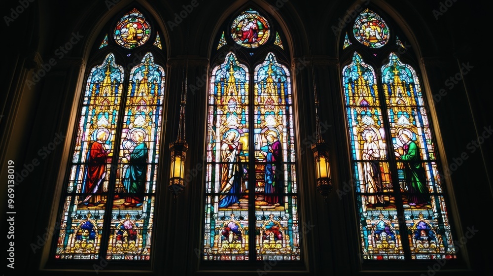 Stained glass windows depicting biblical scenes in a church. Stained glass windows depicting biblical scenes in a church.
