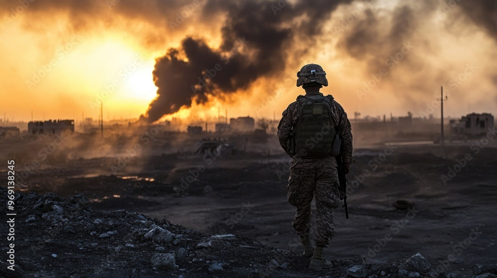 Soldier in a War Zone at Sunset Soldier in a War Zone at Sunset