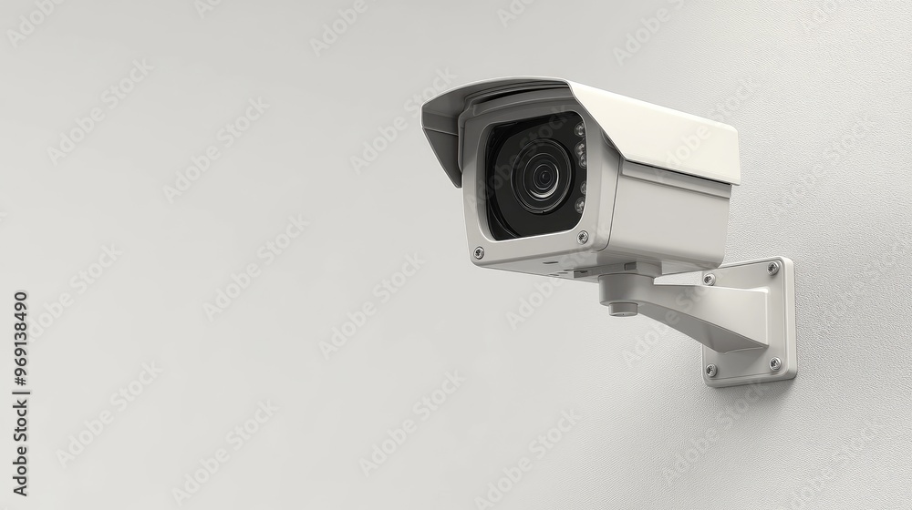 A close-up of a modern CCTV camera mounted on a wall, with a clear view of its lens and housing against a clean, neutral background. A close-up of a modern CCTV camera mounted on a wall, with a clear view of its lens and housing against a clean, neutral background.