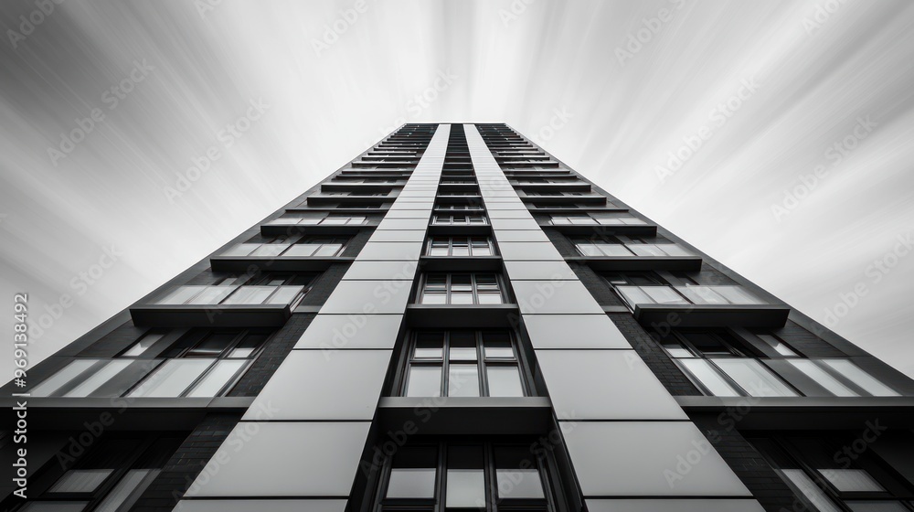 A dramatic low-angle view of a modern high-rise building against a blurred sky. A dramatic low-angle view of a modern high-rise building against a blurred sky.