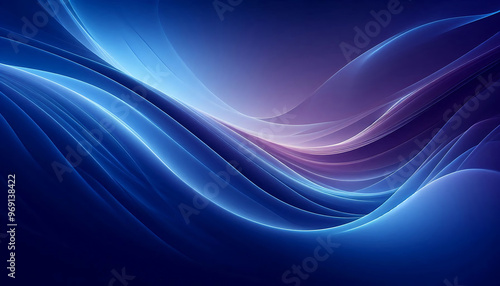 A smooth flowing abstract background featuring gradients of deep blues and purples with soft curves and light reflections creating a serene and ethereal ambiance