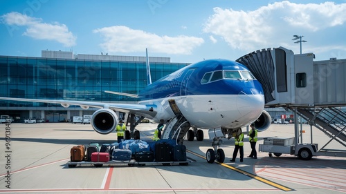 Jet at Gate with Luggage Unloading on a Sunny Day