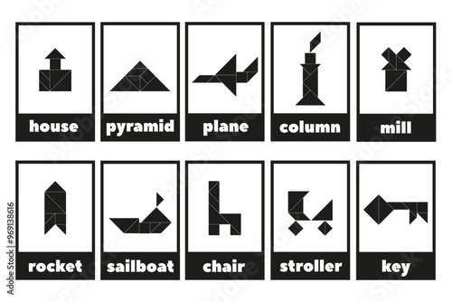 Tangram puzzle for children. Tangram line icons isolated. A set of educational tangram cards with 
objects. Black and white geometric collection.
