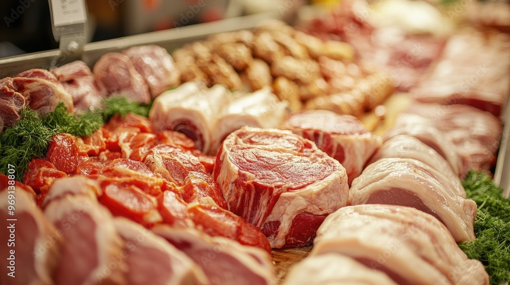 A close-up of a neatly arranged display of fresh pork cuts on a butcher counter, showcasing various cuts like chops, ribs, and tenderloin A close-up of a neatly arranged display of fresh pork cuts on a butcher counter, showcasing various cuts like chops, ribs, and tenderloin