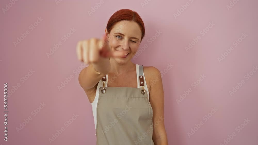Young, beautiful, redhead woman pointing with a smile over an isolated pink wall background, wearing a beige apron and white tank top Young, beautiful, redhead woman pointing with a smile over an isolated pink wall background, wearing a beige apron and white tank top