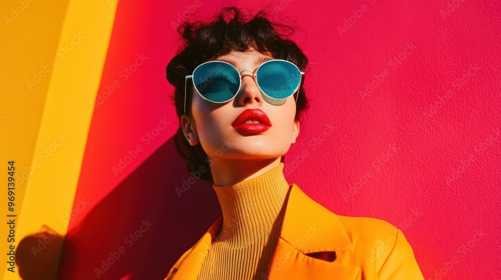 A stylish individual poses against vibrant colored backgrounds, showcasing fashion and confidence. A stylish individual poses against vibrant colored backgrounds, showcasing fashion and confidence.