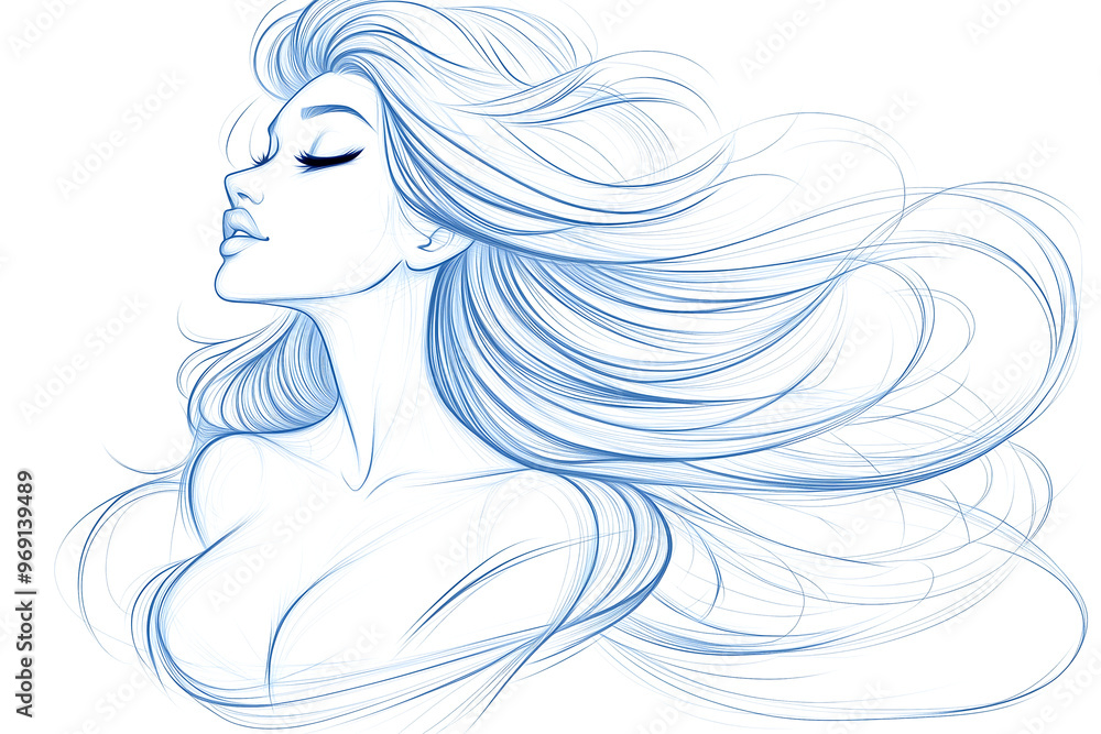 A woman with long hair is shown in a blue line drawing. The hair is flowing and the woman's face is drawn with a soft, gentle expression A woman with long hair is shown in a blue line drawing. The hair is flowing and the woman's face is drawn with a soft, gentle expression