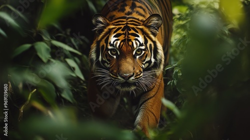 A close-up of a tiger prowling through dense foliage, showcasing its striking features.