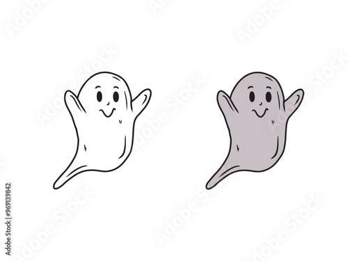 Cute nice smiling grey ghost spook isolated on white background. Hand drawn vector sketch illustration in doodle engraved vintage line art style. Happy Halloween symbol, horror, coloring book.