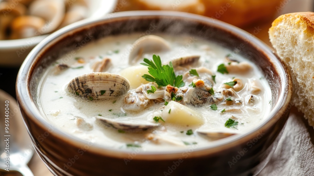 A close-up of a steaming bowl of clam chowder, with tender clams, potatoes, and a creamy broth, garnished with fresh parsley and served with a bread roll. A close-up of a steaming bowl of clam chowder, with tender clams, potatoes, and a creamy broth, garnished with fresh parsley and served with a bread roll.