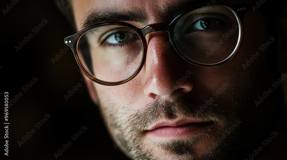Close-up portrait of a young man with glasses, emphasizing his thoughtful expression. Close-up portrait of a young man with glasses, emphasizing his thoughtful expression.