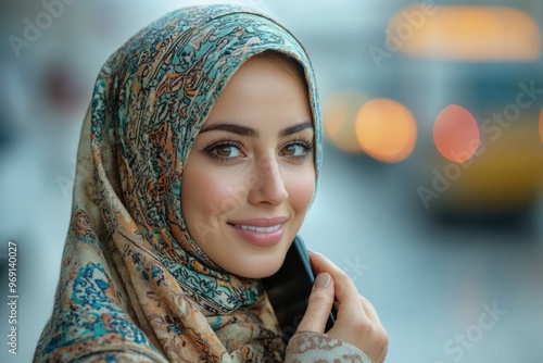 Muslim Woman Smiling During Phone Call in Car, Traveling for Work, Business Deal, and News in Duba photo