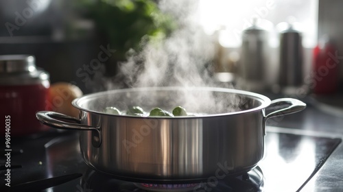 A close-up of a stainless steel pot on a modern stove, with steam rising from a simmering soup and a few ingredients visible in the background.