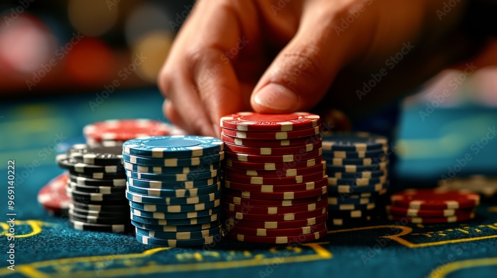 Close-up of Hand Stacking Colorful Casino Chips on Poker Table Close-up of Hand Stacking Colorful Casino Chips on Poker Table