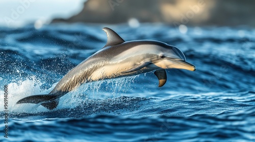 A dolphin leaps gracefully above ocean waves, showcasing its agility and beauty.