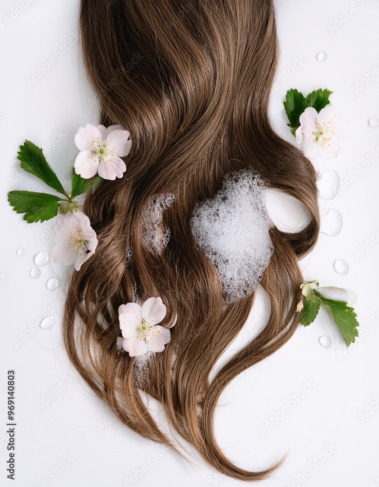 Naklejka premium a strait and smooth hair isolated on background for hair care with a shampoo and flowers