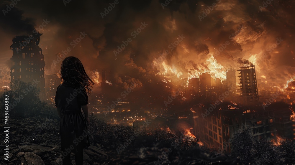 Obraz premium A little girl s despair gazing at a burning ruined city symbolizing apocalypse and war