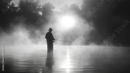 Fisherman on a lake at sunrise, photographed in mid-range with Ilford HP5 Plus film, showcasing dramatic lighting, silhouette effect, cool vintage hues, and tranquil reflections on the water photo